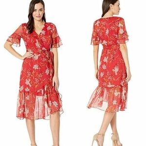 Vince Camuto Womens Floral‎ Midi Dress 8 Red Fairy Wildflower Ruffled Chiffon